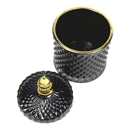 علبة تخزين زجاجية فاخرة بنقوش بارزة وغطاء ذهبي