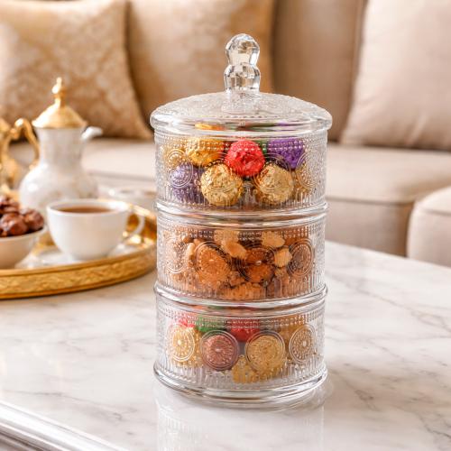 طبق حلويات زجاجي ثلاثي الأدوار بتصميم أنيق