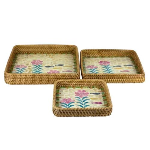 طقم صواني خيزران مستطيلة بنقشة فسيفساء ورود وأسماك