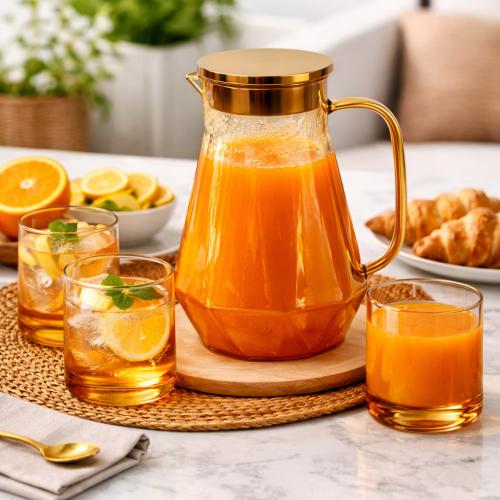 ابريق ماء زجاجي شفاف بغطاء ذهبي سعة 1.5 لتر