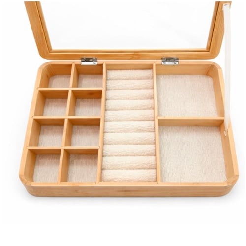 صندوق تنظيم المجوهرات الخشبي بغطاء زجاجي