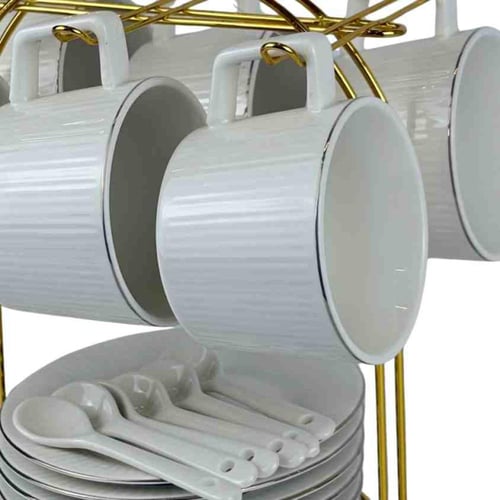 طقم فناجين قهوة بورسلان أبيض مع صحون وملاعق بتصميم...