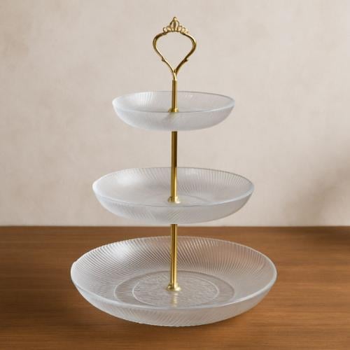 طبق تقديم ثلاثي الأدوار بزجاج مزخرف وقاعدة ذهبية