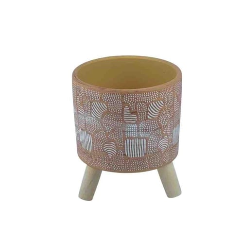 أصيص سيراميك بلون طيني مزخرف وقاعدة خشبية