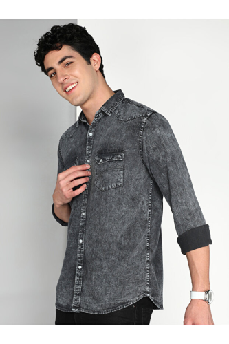 KUONS AVENUE By Styli gray men's denim shirt with double pockets