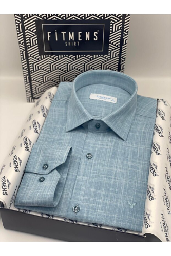 Fitmens men's classic shirt with long sleeves, no pockets, linen collar, bottom buttons, with gift box FS-003686 - Petroleum