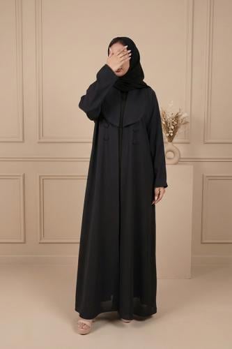 عباية كريب انترنت سوداء بليزر مزين بحبات اللؤلؤ الاسود مع طرحه