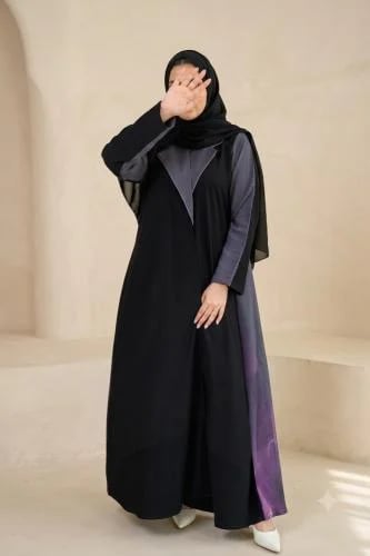عباية انترنت سوداء بياقة وتفاصيل من الكريب المغسول البنفسجي مع طرحه