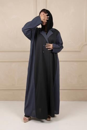 عباية كتان بليزر أسود مع تدخيلات قماش كحلي مع طرحه سوداء ساده