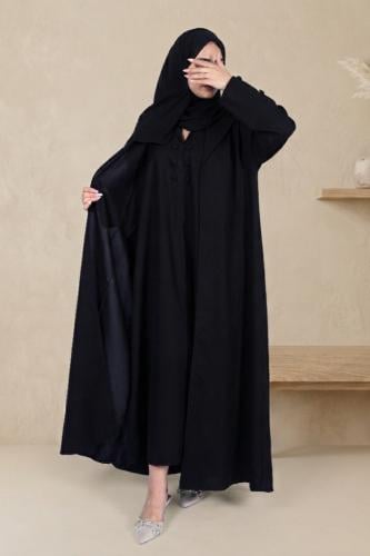 عباية كتان سوداء كلوش ببطانة داخلية سوداء متصله وأزرار زينة سوداء مع طرحه