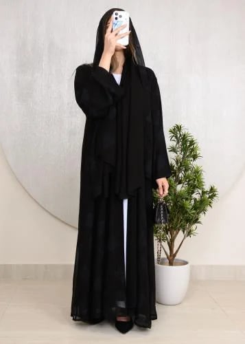 عباية نسمة الليل الشيفون دبل كلوش مع طرحه مشجرة