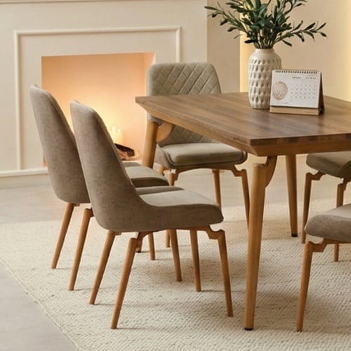 طاولة طعام خشب بأرجل معدنية 6 كراسي بيج