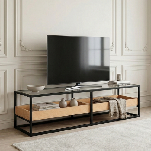 وحدة تلفاز سطح زجاجي ورف تخزين خشبي 180 سم