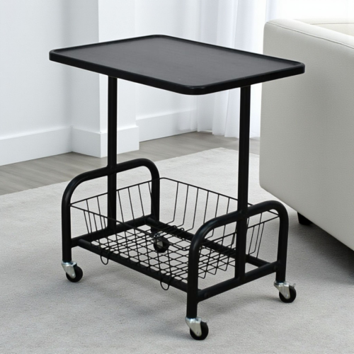 عربة تقديم سطح خشبي مع رف تخزين معدني