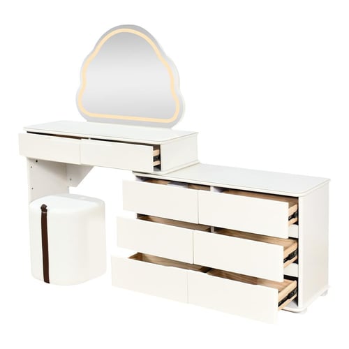 طاولة زينة بخزانة 6 أدراج وسطح زجاج مع مرآة مضيئة