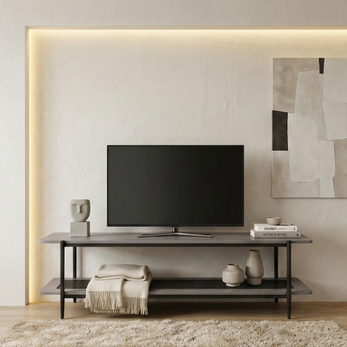 وحدة تلفاز خشب مع رف راتان بوهيمي عصري رمادي 180 س...