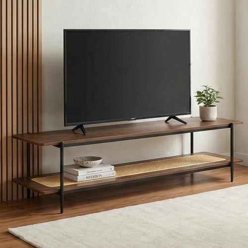وحدة تلفاز خشب مع رف راتان بوهيمي عصري بني 180 سم