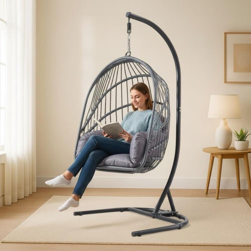 مرجيحة تصفيط معلّقة رمادية بهيكل معدني ووسادة مريح...