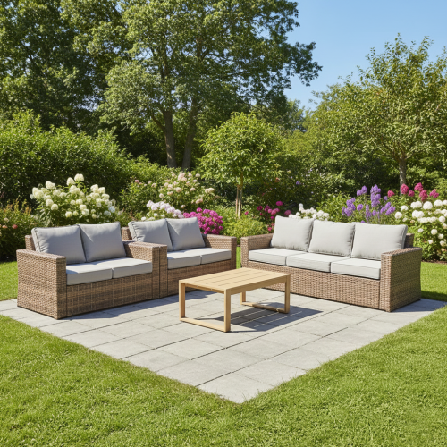 جلسة خاجية 7 مقاعد راتان وطاولة معدنية كافيه