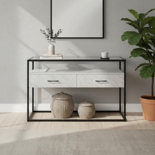 مدخل أستقبال خشبي 2 دور بهيكل معدني رمادي