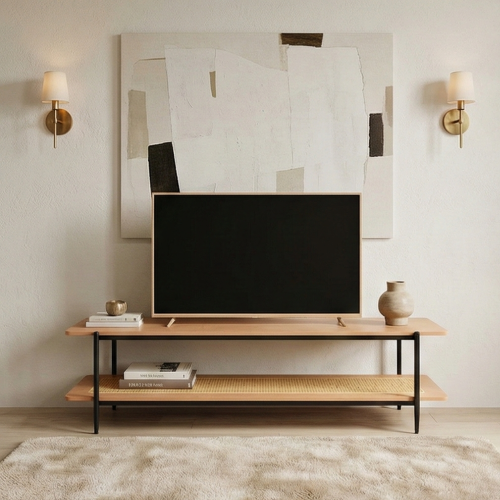 وحدة تلفاز خشب مع رف راتان بوهيمي عصري بني 180 سم