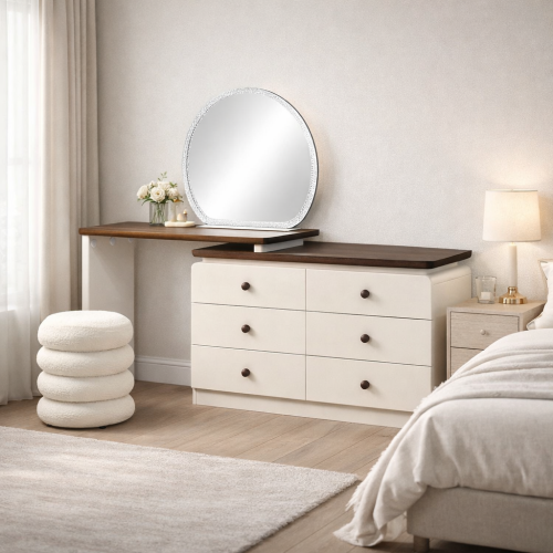 طاولة زينة مودرن خشبية 6 أدراج بمرآة مضيئة مع مقعد