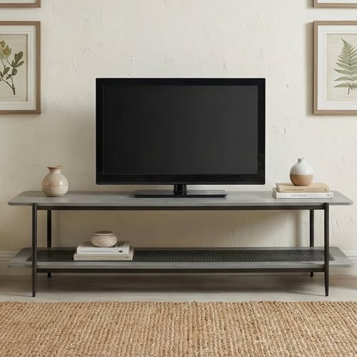 وحدة تلفاز خشب مع رف راتان بوهيمي عصري رمادي 160 س...