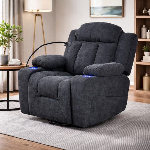 كرسي استرخاء فخم هزاز دوار بحامل جوال أسود