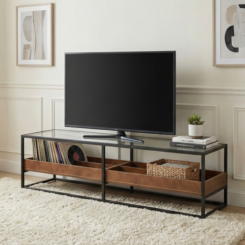 وحدة تلفاز سطح زجاجي ورف تخزين خشبي بني 180 سم