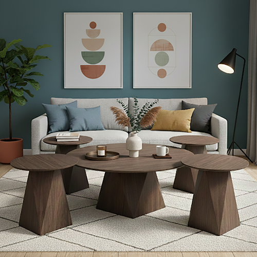 طقم طاولات خدمة 5 قطع خشبي بني