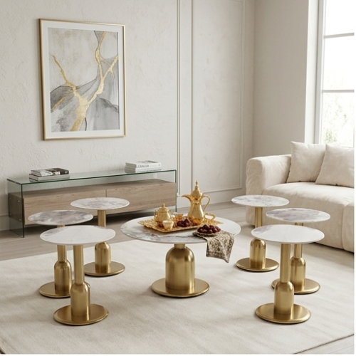 طقم طاولات ضيافة دائرية بسطح سيراميك وقاعدة ذهبية...