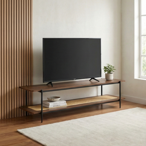 وحدة تلفاز خشب مع رف راتان بوهيمي عصري بني 180 سم