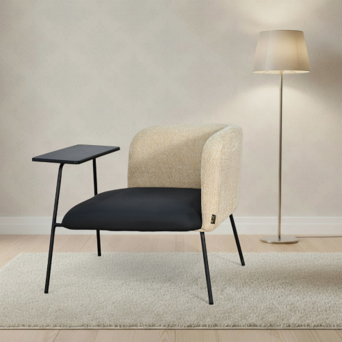 كرسي مفرد جلد بظهر قماش مع طاولة مدمجة