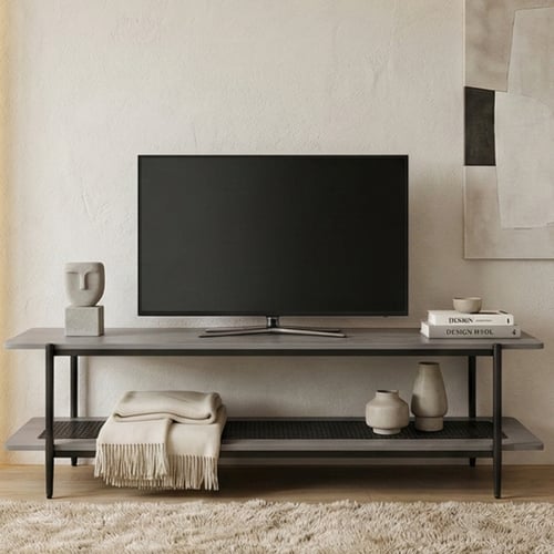 وحدة تلفاز خشب مع رف راتان بوهيمي عصري رمادي 180 س...