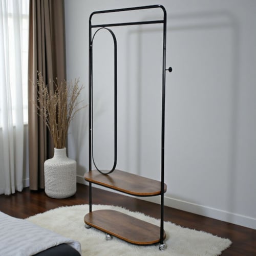 علاقة ملابس مودرن معدنية بأرفف خشب ومرآة