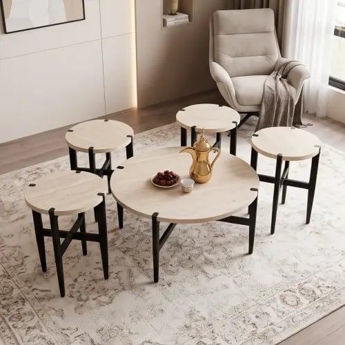 طقم طاولات خشب 4+1 بيج