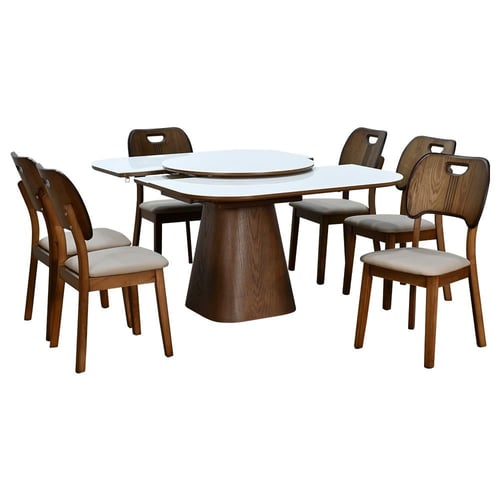 طاولة طعام رخام صناعي دوارة قابلة للتمدد 6 كراسي