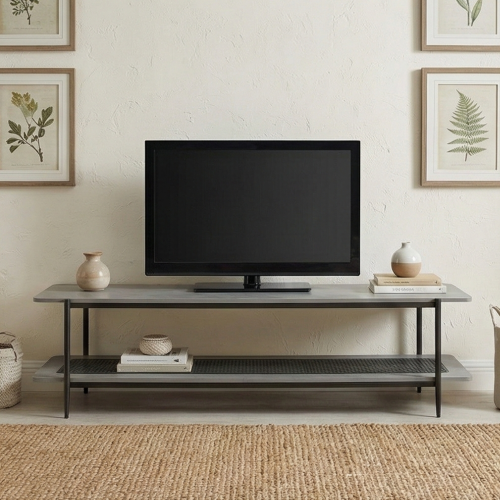 وحدة تلفاز خشب مع رف راتان بوهيمي عصري رمادي 160 س...