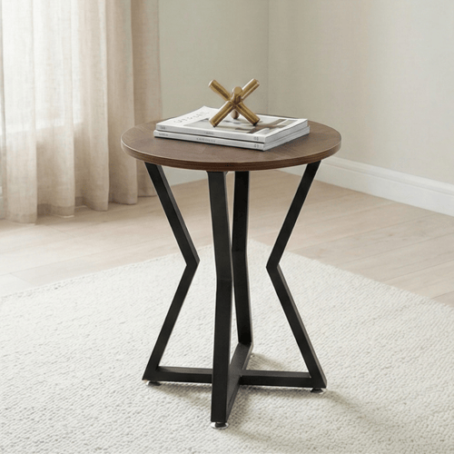 طقم طاولات خدمة 5 قطع خشب بقاعدة معدنية بني