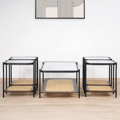 طقم طاولات خدمة 5 قطع من الراتان والزجاج