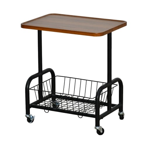 عربة تقديم سطح خشبي مع رف تخزين معدني