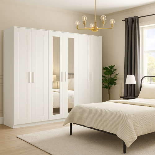 دولاب ملابس خشب 6 باب بمرآة أبيض