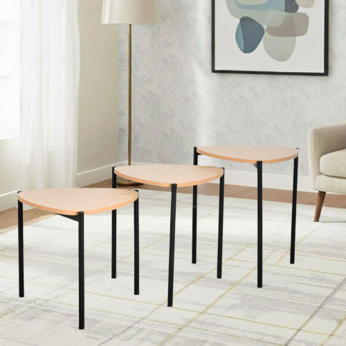 طقم طاولات خدمة 3 قطع خشب بأرجل معدنية