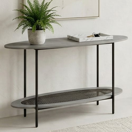 مدخل استقبال خشبي مع رف راتان بوهيمي عصري رمادي