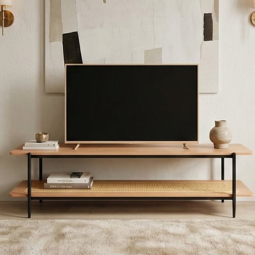 وحدة تلفاز خشب مع رف راتان بوهيمي عصري بني 180 سم