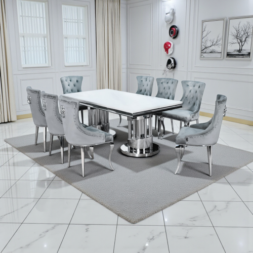طاولة طعام فاخرة رخام بأرجل معدنية 8 كراسي رمادي