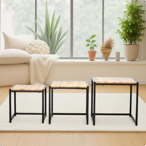 طقم طاولات خدمة من الخشب والمعدن 3 قطع