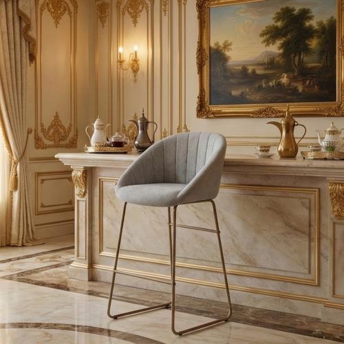 كرسي بار عصري قماش بقاعدة معدنية رمادي فضي