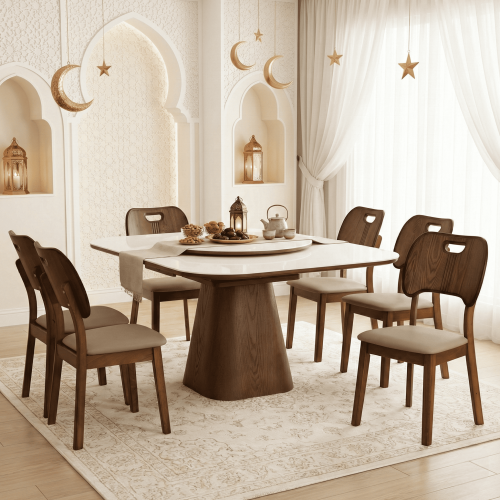 طاولة طعام رخام صناعي دوارة قابلة للتمدد 6 كراسي