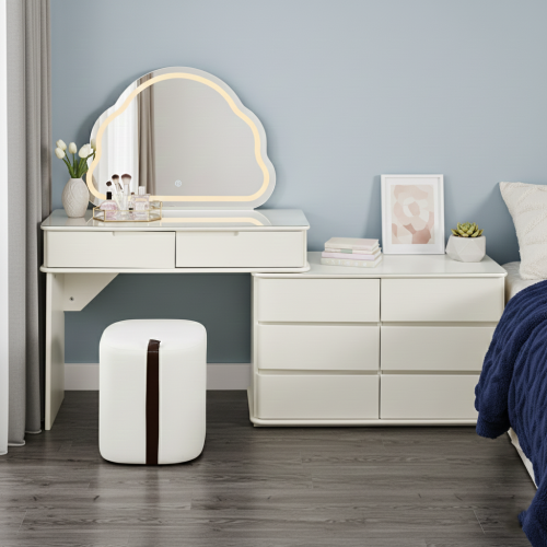 طاولة زينة بخزانة 6 أدراج وسطح زجاج مع مرآة مضيئة